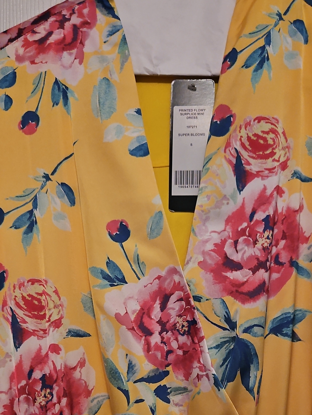 bebe Yellow Floral Wrap Mini Dress with Pink Blooms